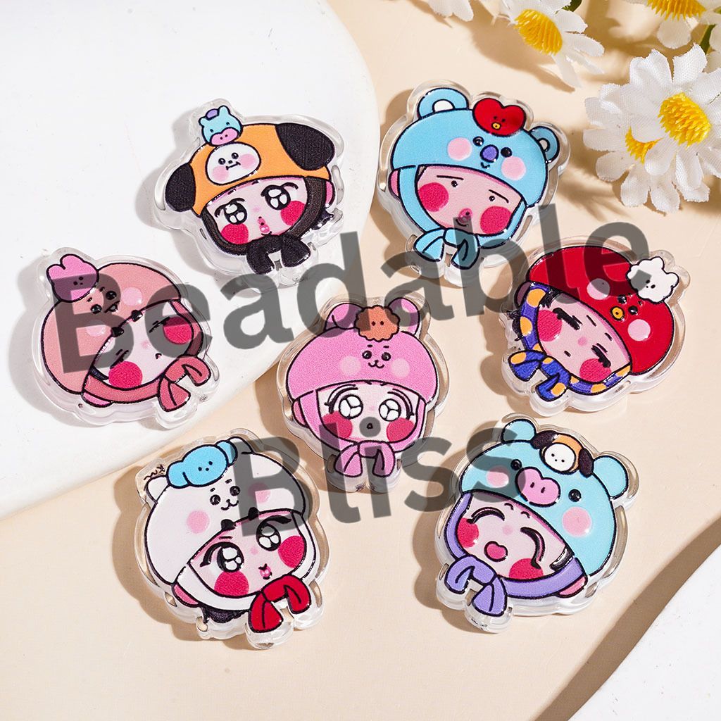 Acrylic Beads Little Kids with Various Style Animal Hat, Semi-Clear, Random Mix