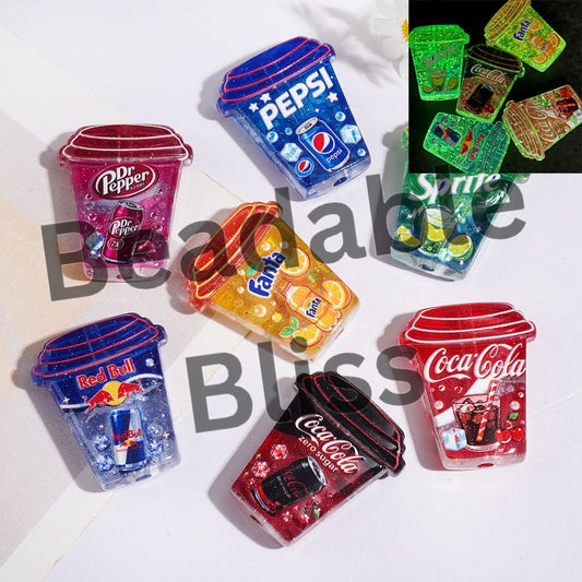 Luminous Acrylic Beads Soda Drink Cup with Glitter, 25*30MM, Semi-Clear, Multi-Color, Random Mix
