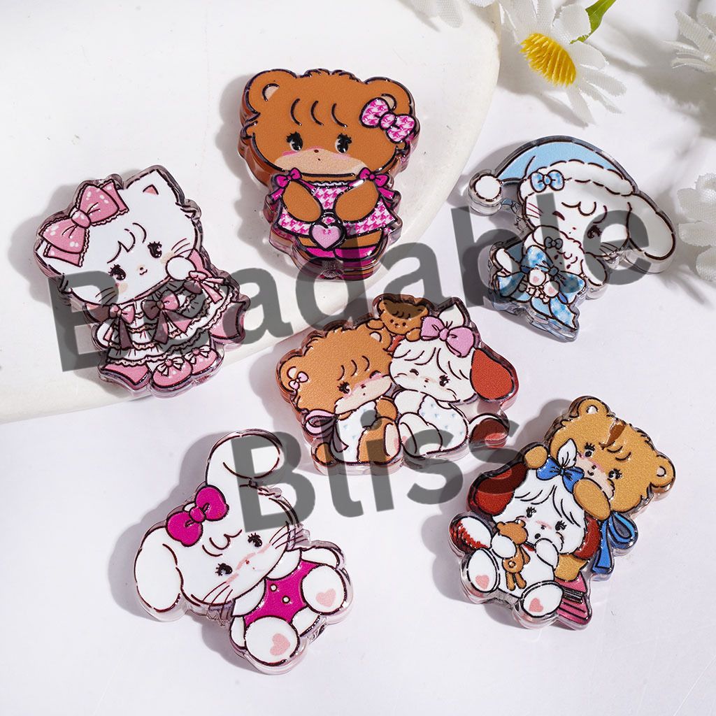 Acrylic Beads Japanese Sweet Girl Illustration Bunny Cat Series, Semi-Clear, Random Mix