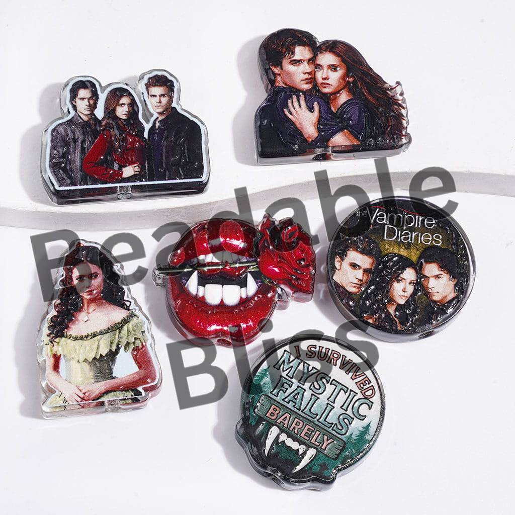 Acrylic Beads with Gothic Vampire Theme Prints, Random Mix