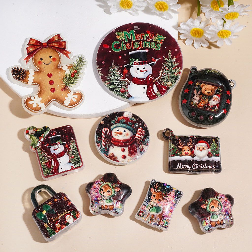 Acrylic Beads and Pendants Christmas Theme with Reindeer Snowman Santa Claus Gingerbread Bear Rabbit, Random Mix