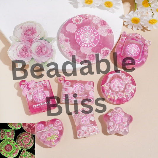Luminous Acrylic Beads and Pendants with Coffee and Flower in Pink Series, Random Mix