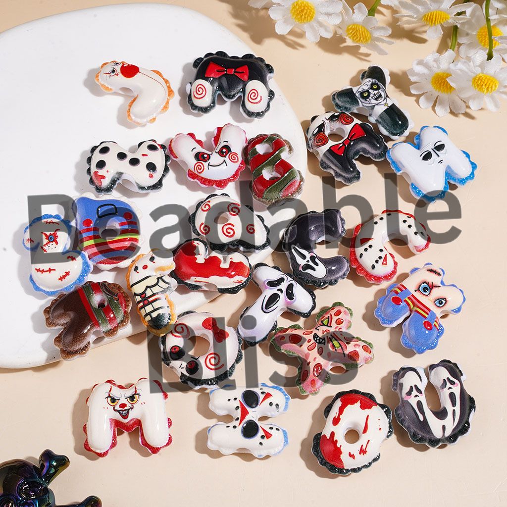 Acrylic Beads Alphabet All Letter with Horror Character, Random Mix (The Hole is Horizontal, Not Vertical)