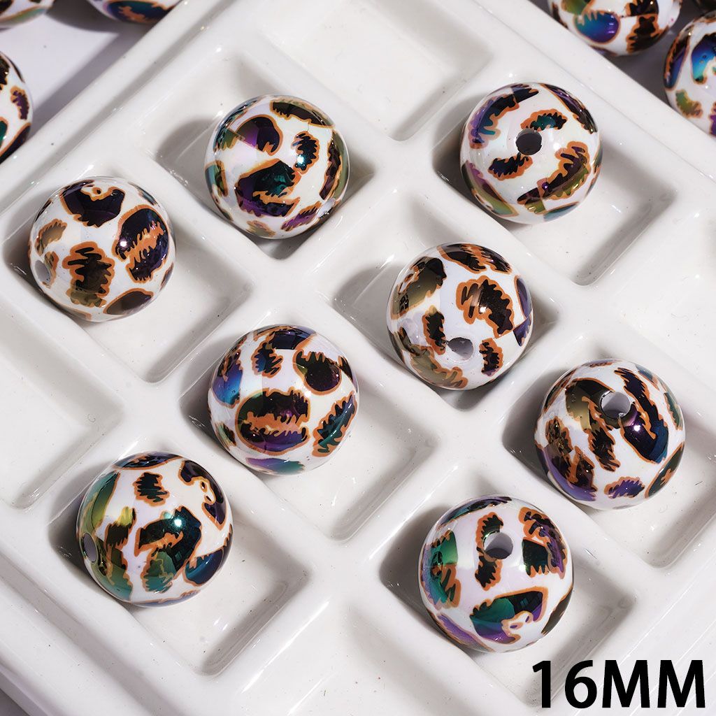 Yellow Brown Leopard Printed UV-Coated Acrylic Bead for Bracelets, 16MM