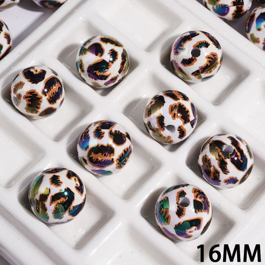 Yellow Brown Leopard Printed UV-Coated Acrylic Bead for Bracelets, 16MM