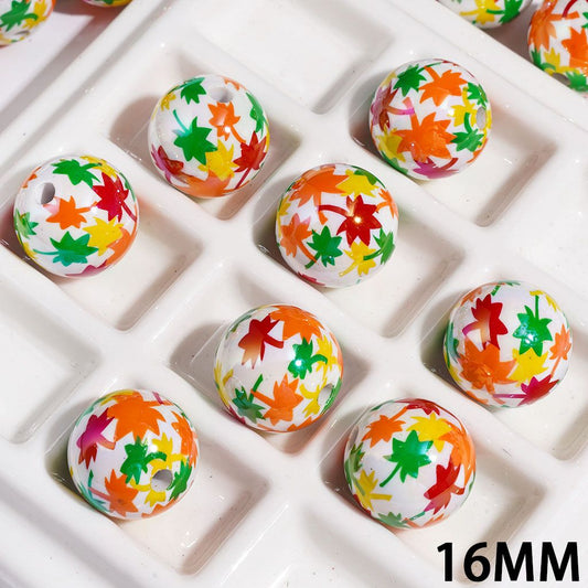 UV-Coated Acrylic Beads for Bracelets Various Colors Maple Leaves Prints, 16MM