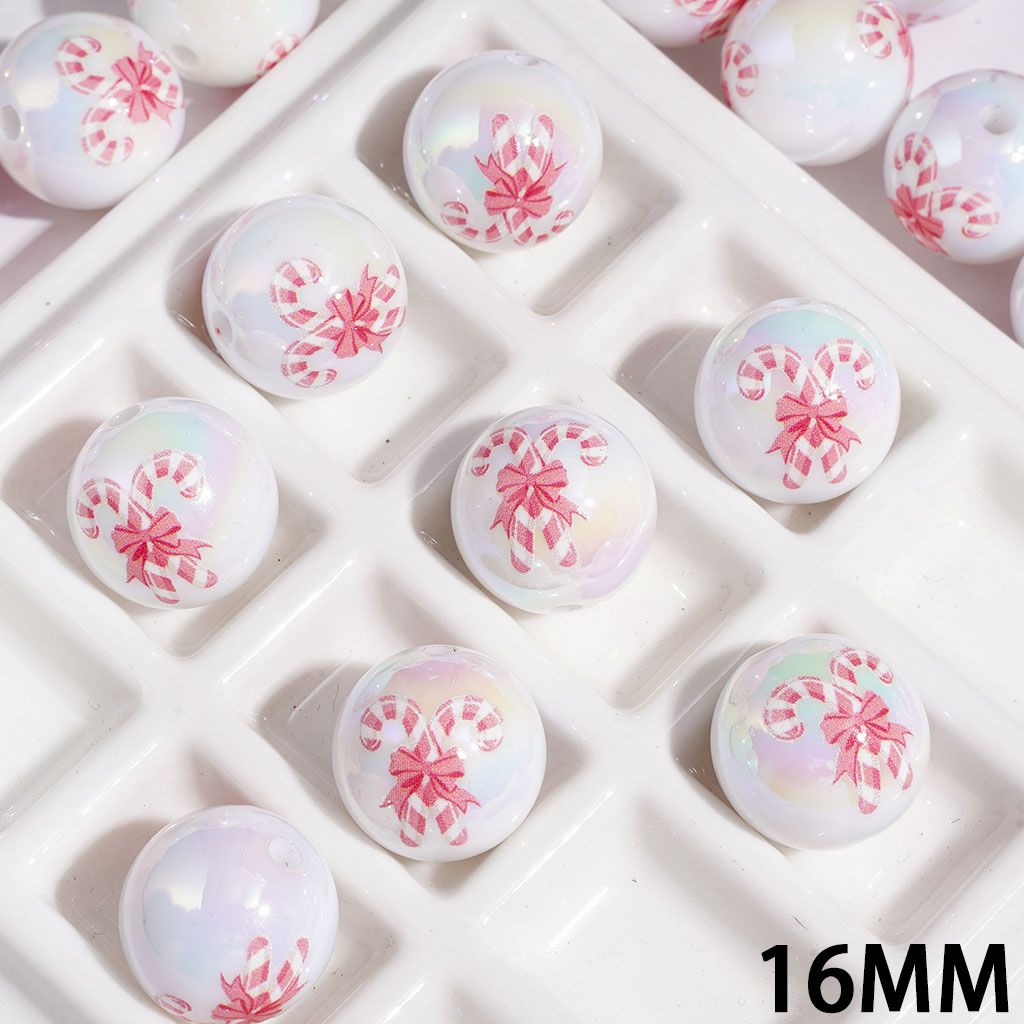 UV-Coated Acrylic Beads for Bracelets Candy Cane with Bowtie in Pink Series, 16MM