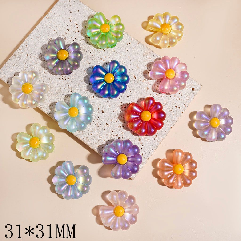 UV-Coated Acrylic Beads Daisy Flower in Rainbow Colored Series, 31*31MM, Large Hole Beads, Multi-Color, Random Mix (The Hole Diameter is Around 4MM)