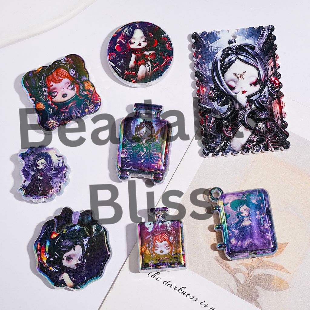 UV-Coated Acrylic Beads and Pendants with Gothic Style Doll Characters in Black Purple Series, Random Mix