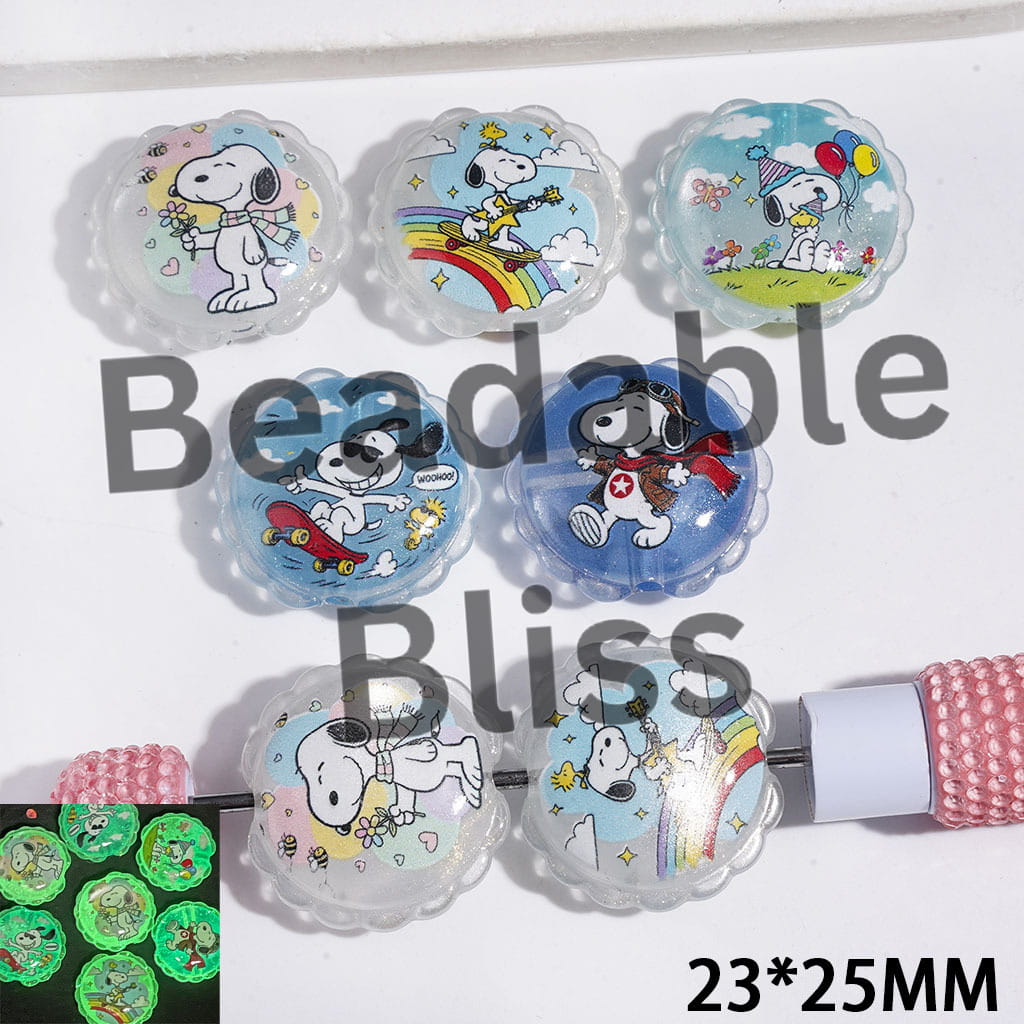 Luminous and Cat Eye Style Acrylic Beads with Wavy Edge and Glitter, Beagle Dog Character, 23*25MM Random Mix