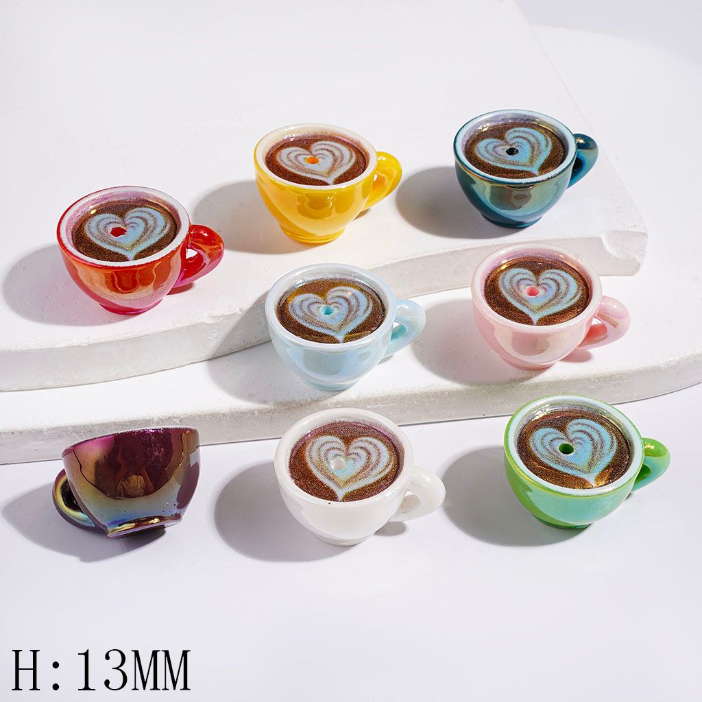 UV-Coated Acrylic Beads Coffee Cup and Heart Shaped Latte Art Designs, Height 13MM Multi-Color Random Mix