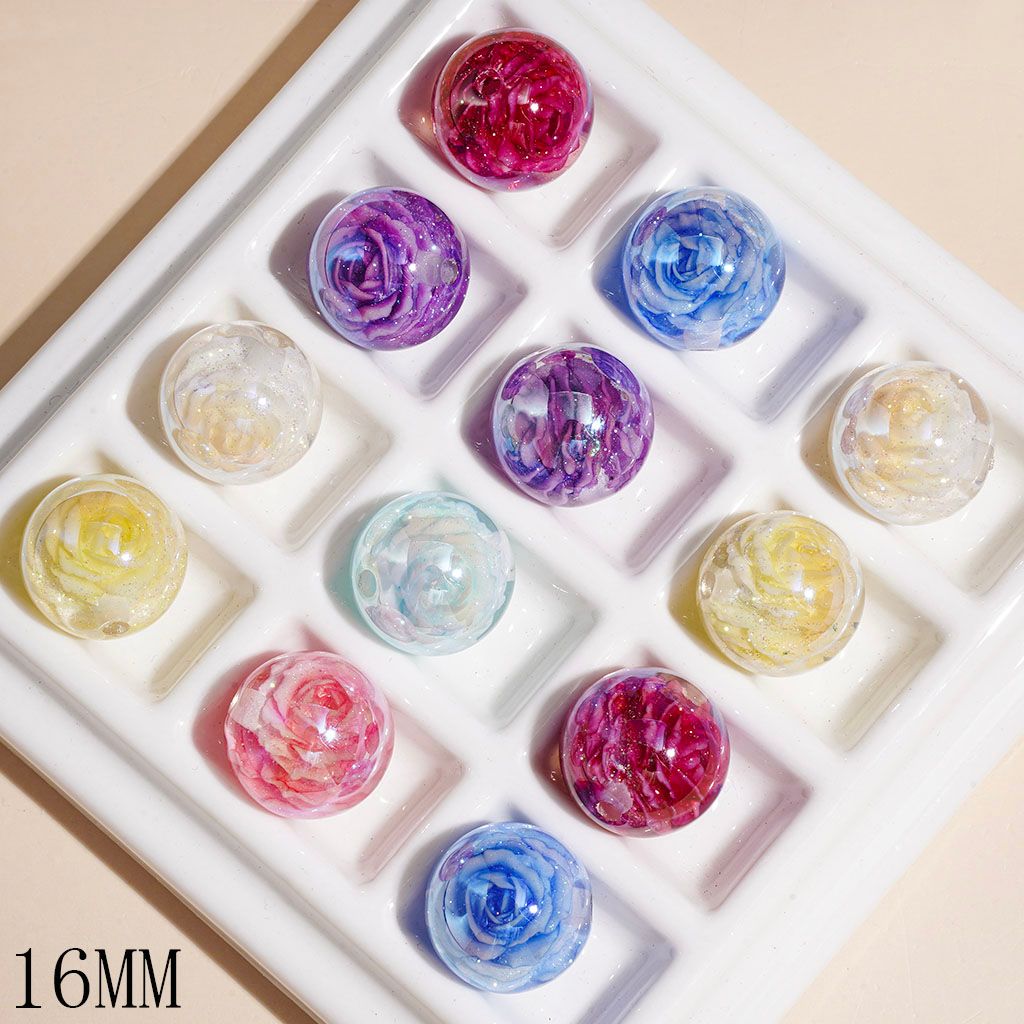 UV-Coated Acrylic Beads for Bracelets with Double Rose Flower and Glitter, 16MM Multi-Color Random Mix