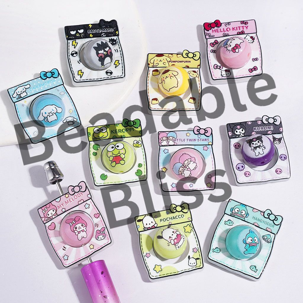 Adorable Animal Character Printed Acrylic Beads, Bread Paper Bag Shaped Frame and Round Beads Set Collection, Random Mix (Please Read Description)