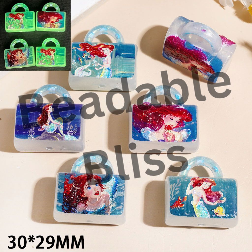 Luminous Handbag with Mermaid Princess Character and Glitter Acrylic Beads and Pendants, 30*29MM, Random Mix