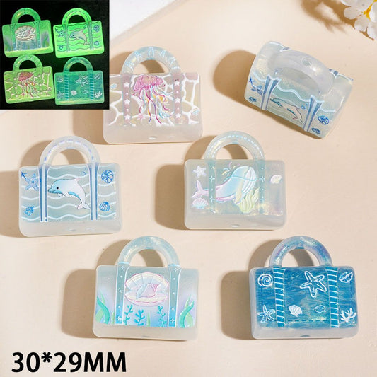 Acrylic Beads & Pendants Luminous Handbag with Glitter & Ocean Dolphin Starfish Shell Conch Patterns, 30*29MM, Random Mix