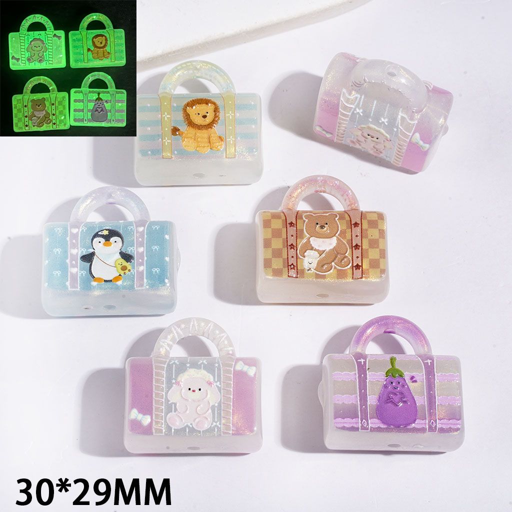 Luminous Handbag with Animal Lion Bunny Bear Penguin Vegetable Eggplant Prints for Acrylic Beads & Pendants, 30*29MM, Random Mix
