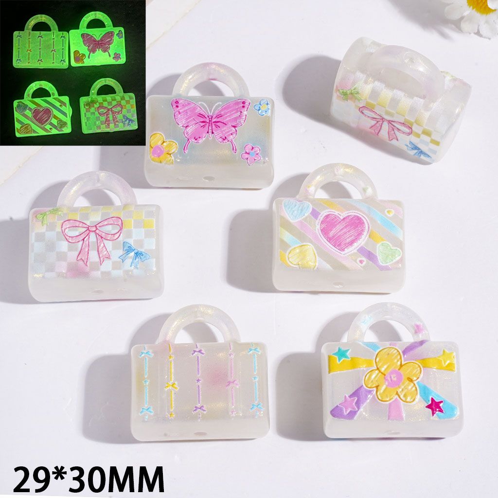 Acrylic Beads & Pendants Luminous Handbag with Flower Bowtie Heart Star Butterfly and Glitter, 29*30MM, Random Mix