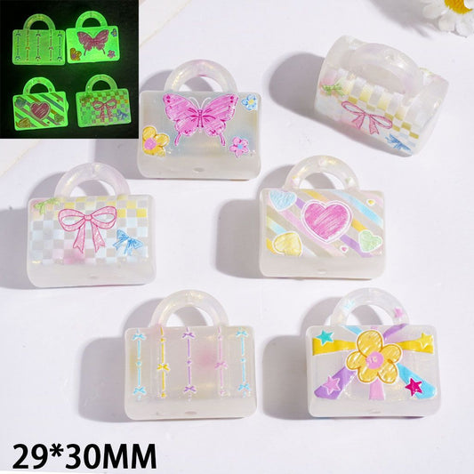 Acrylic Beads & Pendants Luminous Handbag with Flower Bowtie Heart Star Butterfly and Glitter, 29*30MM, Random Mix