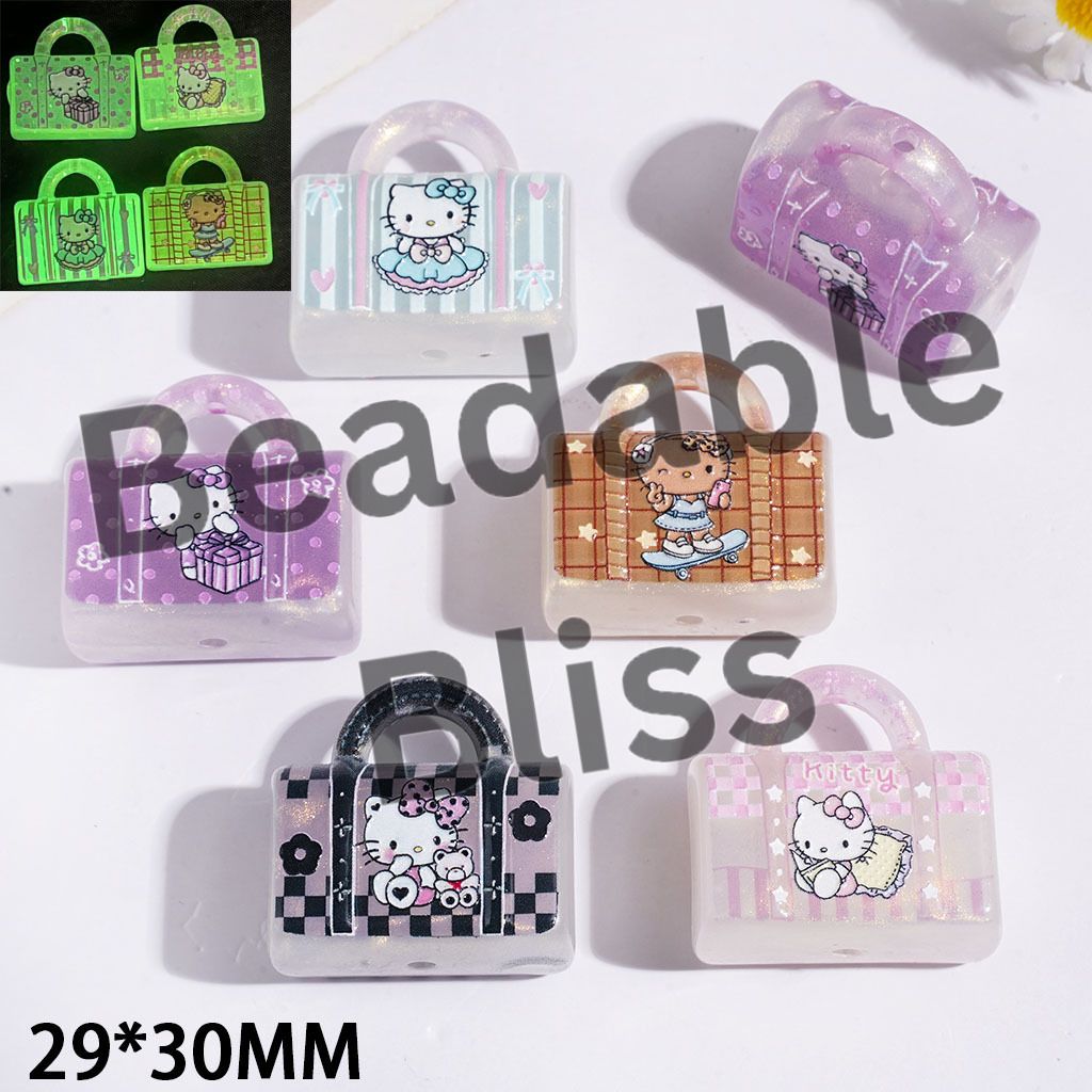 Luminous Cute Kitten Character Series and Glitter Acrylic Beads & Pendants Handbag, 29*30MM, Random Mix