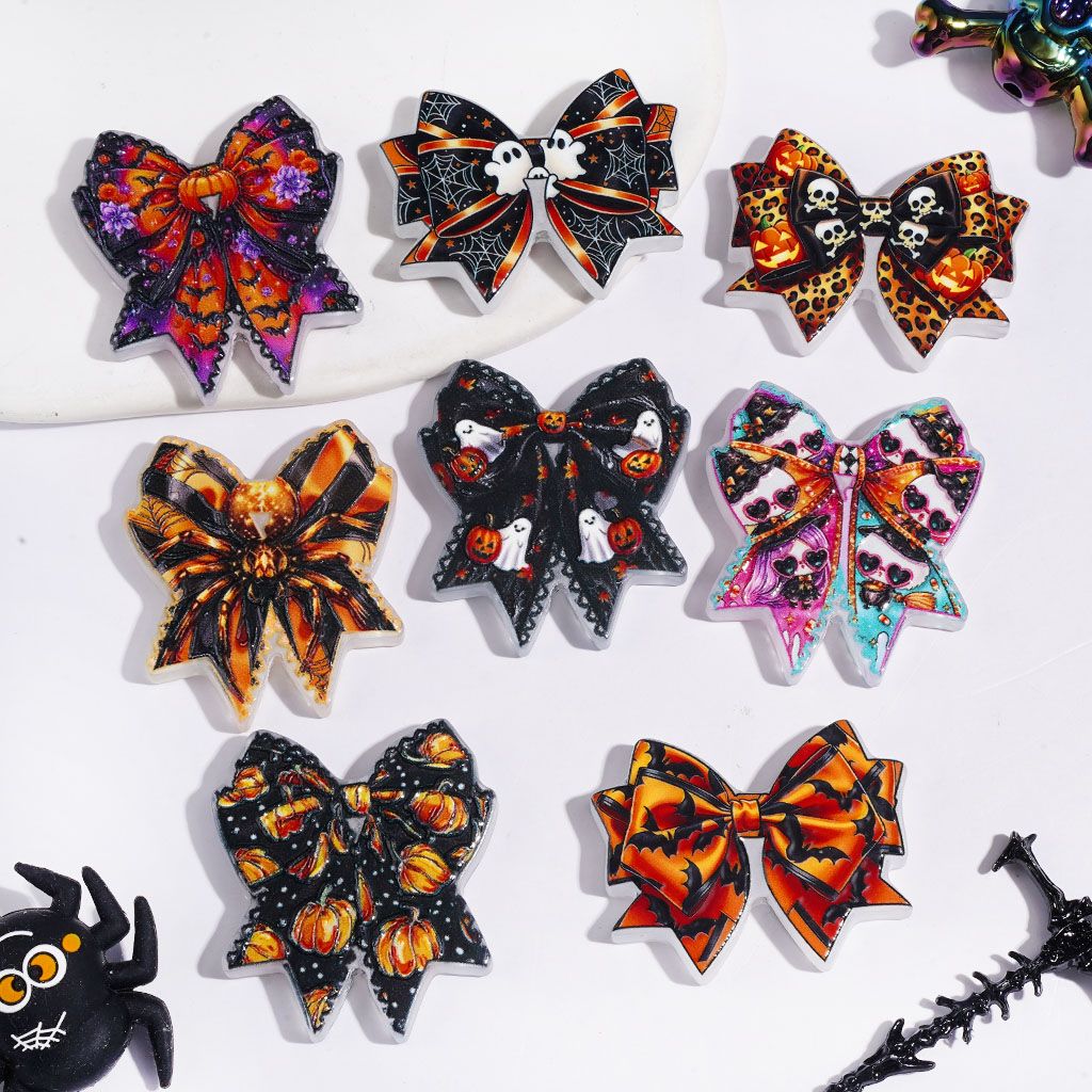 Halloween Acrylic Beads Bowtie with Ghost Pumpkin Skull Head Bat Purple Flower Prints, Random Mix
