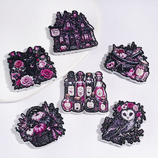 Halloween Rose Night Gothic Style Acrylic Beads, Castle House Owl Black Cat Witch Cauldron Herb Jar Magic Potion Bottle Set Pumpkin Flower Basket