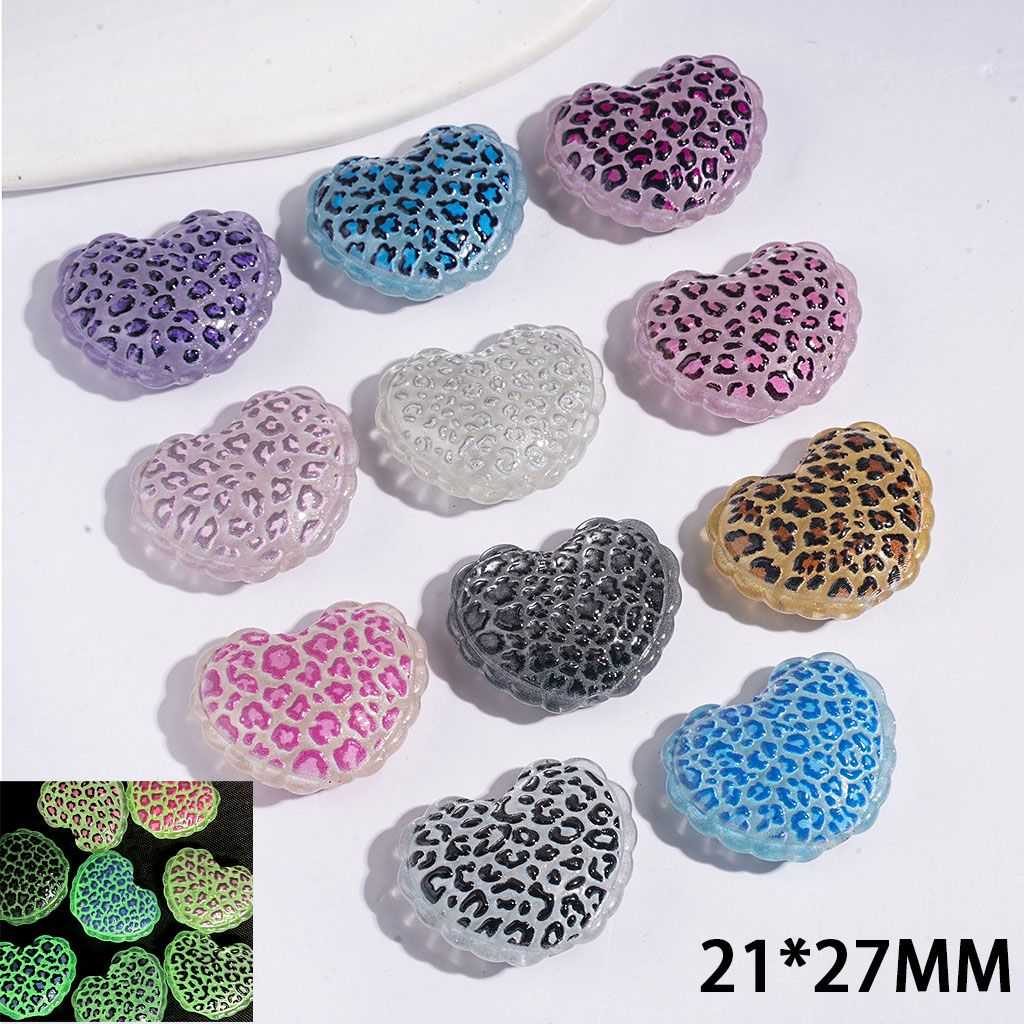 Luminous Acrylic Beads Heart with Leopard Print, 21*27MM, Multi-Color Random Mix