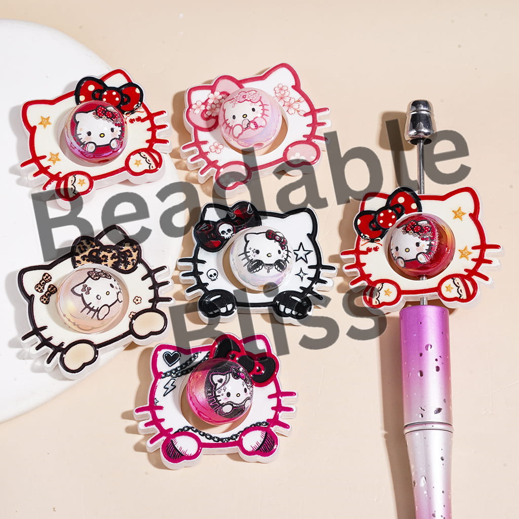 Acrylic Beads Cute Cat Character Collection Set, Cat Head Frame and UV-Coated Round Beads, Random Mix