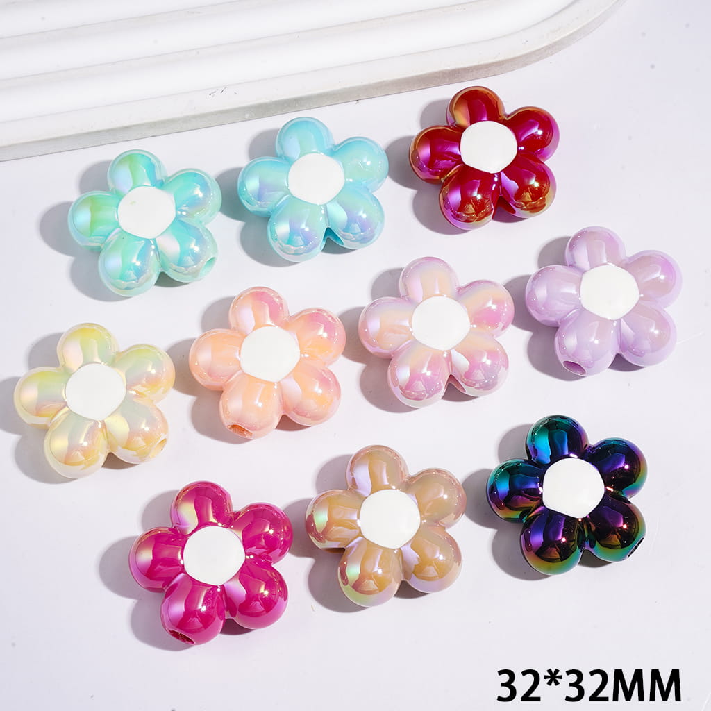 UV Coating Five-Petaled Flower Acrylic Beads, 32*32MM, Big Hole Beads, Assorted Colors, Random Mix (The Bead Hole Diameter is Around 5MM)