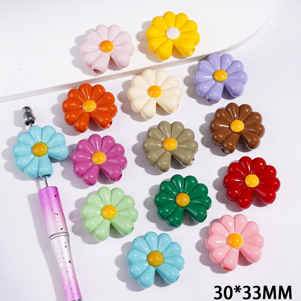 Daisy Flower in Solid Colors Acrylic Beads, 30*33MM, Big Hole Beads, Random Mix (The Bead Hole Diameter is Around 5MM)
