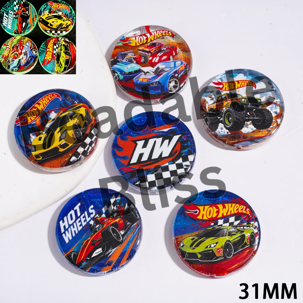 Acrylic Beads Luminous with Sports Car Prints and Shiny Mini Foil Paper, 31MM, Flat Round Shape, Random Mix