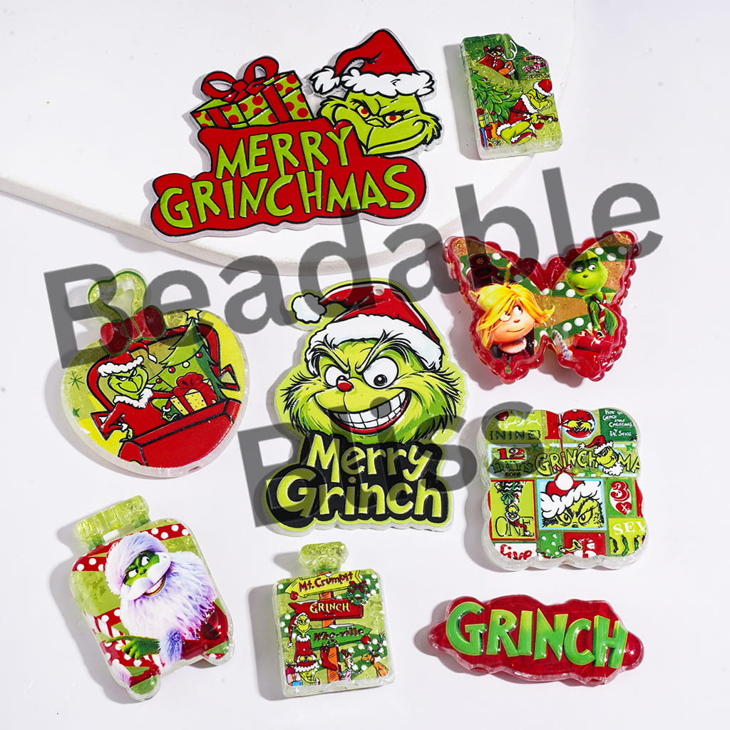 Acrylic Crackle Beads Christmas Green Character Series, Random Mix
