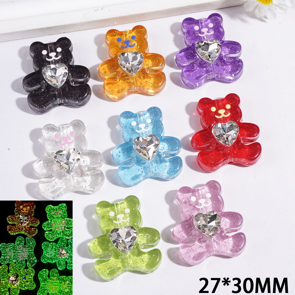 Luminous Acrylic Beads Bear with Heart Rhinestone and Glitter, 27*30MM Multi-Color Random Mix