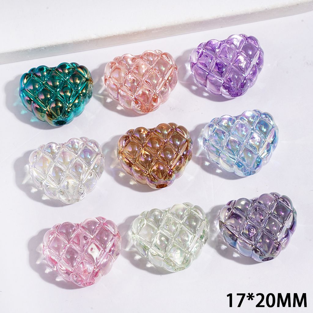 Heart with Diamond Pattern UV-Coated Acrylic Beads, Semi-Clear, 17*20MM Multi-Color Random Mix