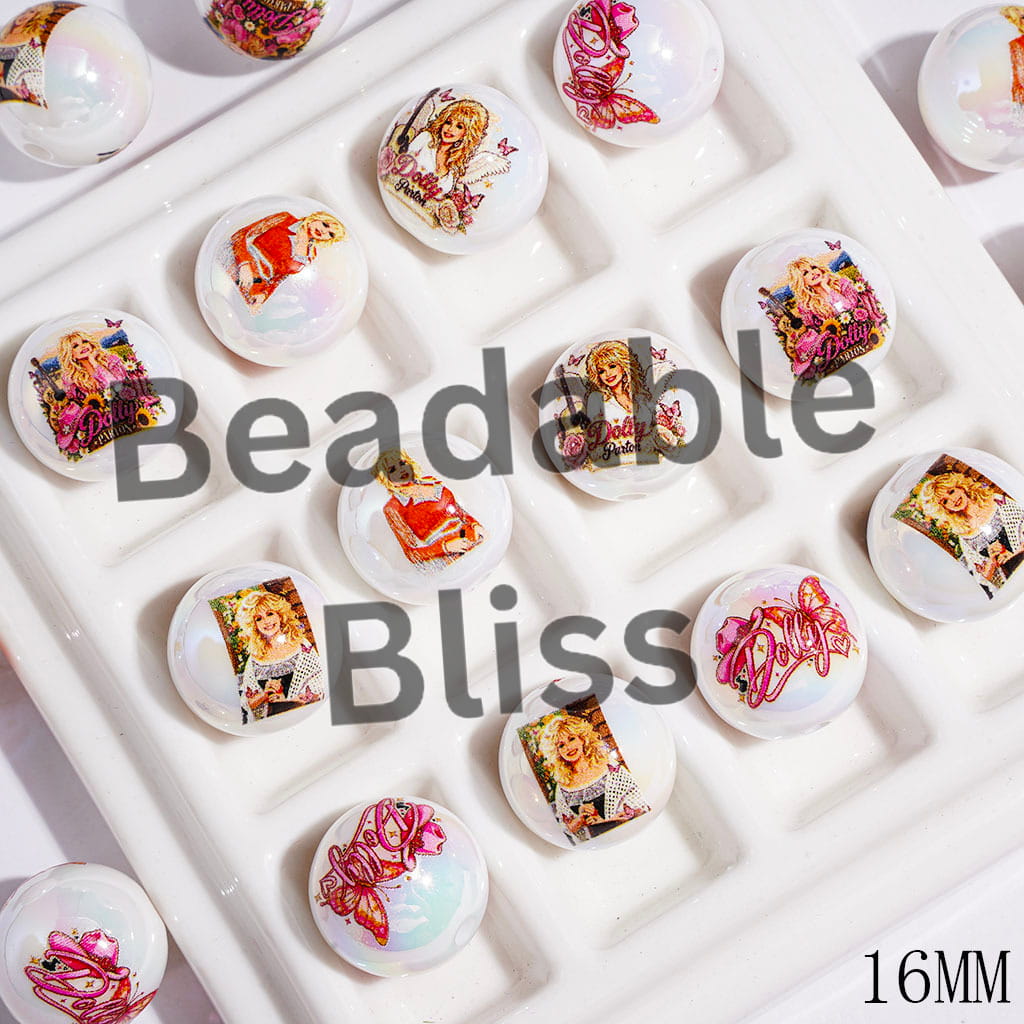UV-Coated Acrylic Beads for Bracelets with American Countryside Singer Characters, 16MM Random Mix