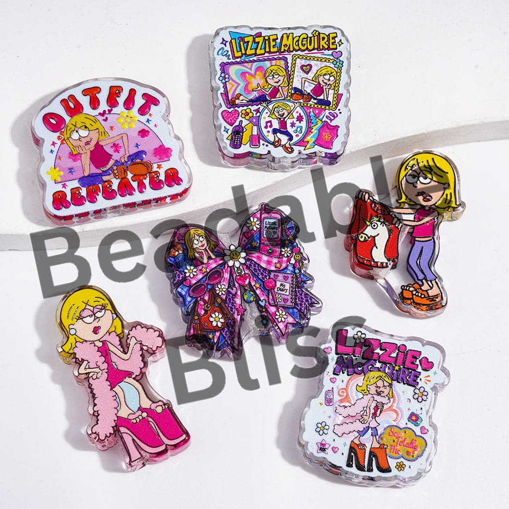 Acrylic Beads with 90s Cartoon Girl Prints, Semi-Clear, Random Mix