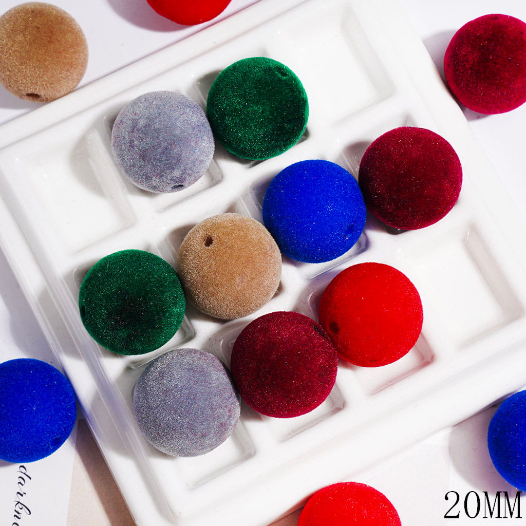 Acrylic Beads Flocked Fluffy Round Shape in Dark Color, 20MM, Multi-Color Random Mix