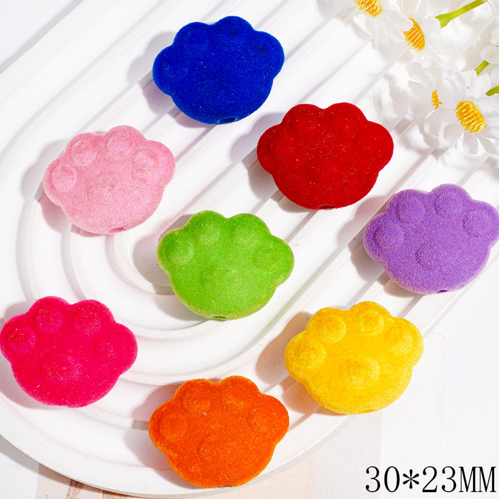 Acrylic Beads Flocked Fluffy Cat Paws, 30*23MM Multi-Color Random Mix