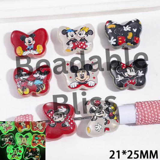 Luminous and Cat Eye Style Acrylic Beads Butterfly with Glitter, Classic Animation Boy and Girl Mouse Character, 21*25MM Random Mix