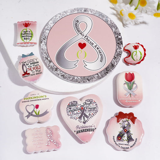 Acrylic Beads and Pendants Parkinson's Disease Awareness Theme, Rose Flower Silk Ribbon Print, Silver Pink Series, Random Mix