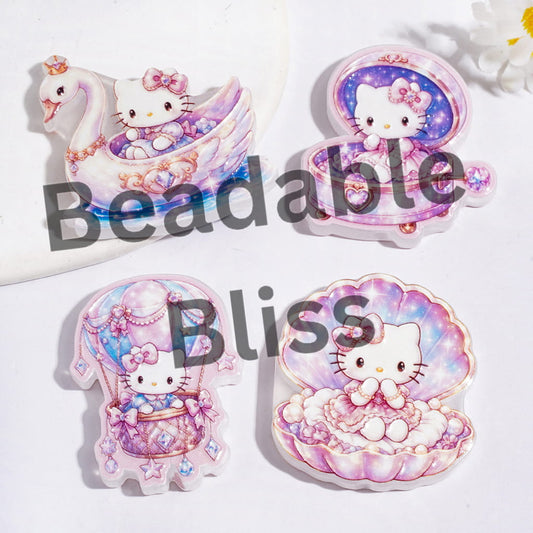 Dreamy Acrylic Beads Cute Cat Character Sitting in Music Box & Shell & Goose & Hot Air Balloon, Purple Pink Style, Random Mix