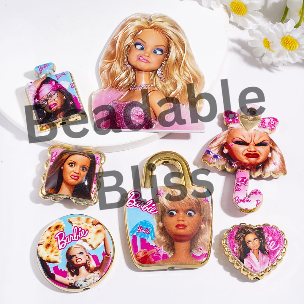 Acrylic Beads and Pendants Fashion Doll in Various Expression, Gold Border, Random Mix
