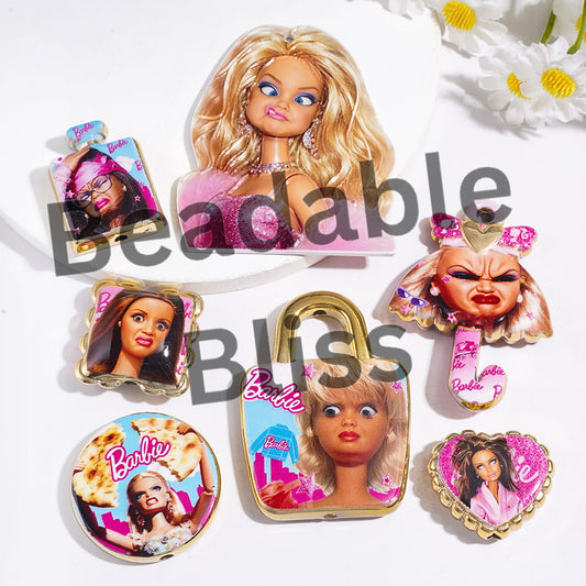 Acrylic Beads and Pendants Fashion Doll in Various Expression, Gold Border, Random Mix