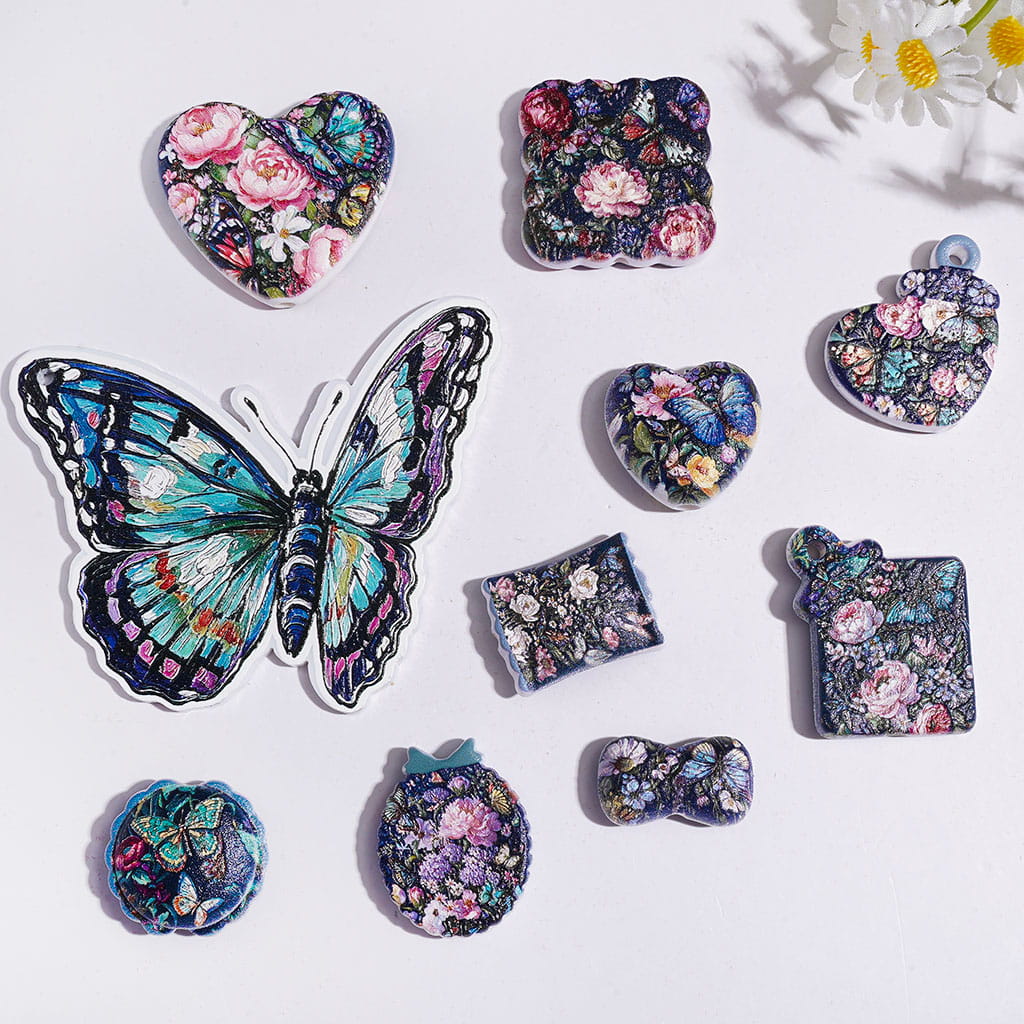 Acrylic Beads and Pendants Butterfly and Flower in Vintage Oil Painting Series, Random Mix