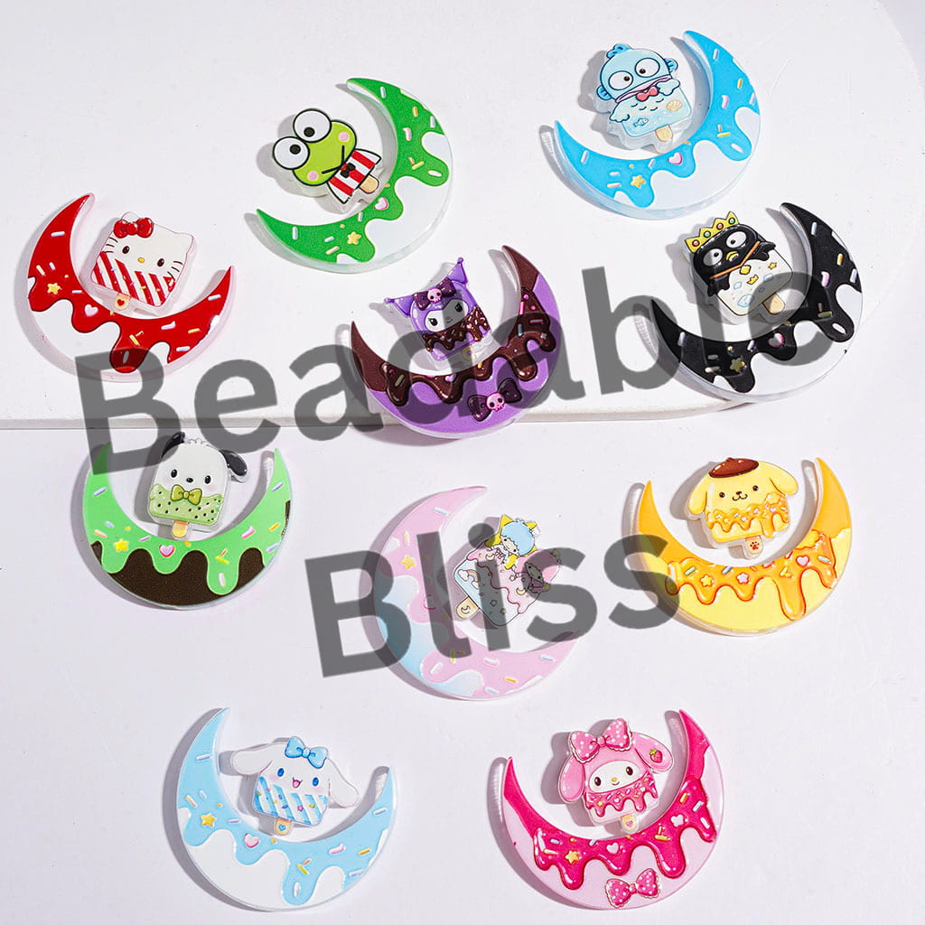 Acrylic Beads Adorable Character Print Series, Crescent Moon and Ice Lolly Collection Set, Dessert Theme, Multi-Color, Random Mix