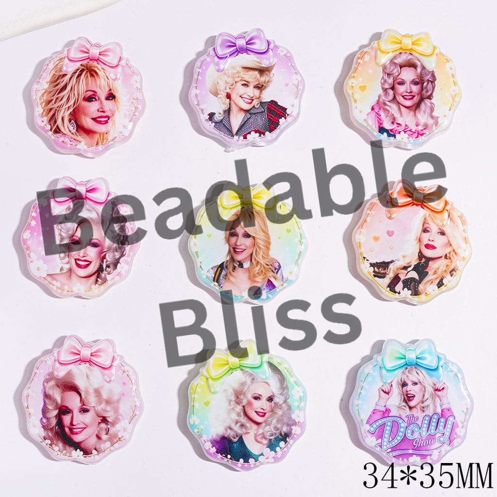 Acrylic Beads with Bowtie Wavy-Edge American Countryside Singer Character, 34*35MM Multi-Color Random Mix