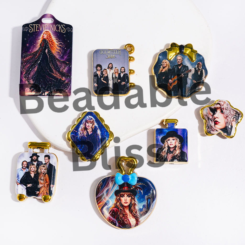 American Rock Band Character Acrylic Beads and Pendants, Gold Border, Random Mix