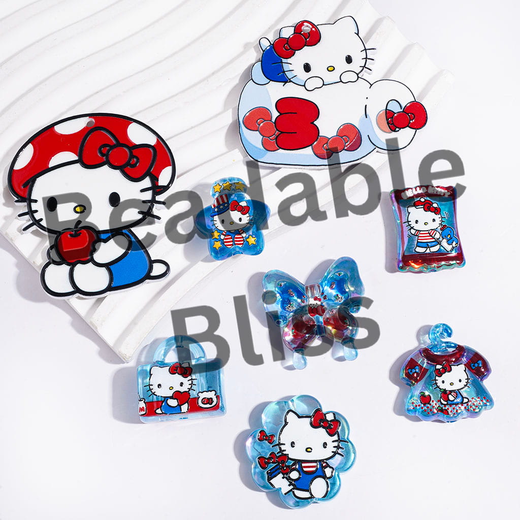 UV-Coated Acrylic Beads and Pendants Cute Cat Character in Blue Series, Random Mix