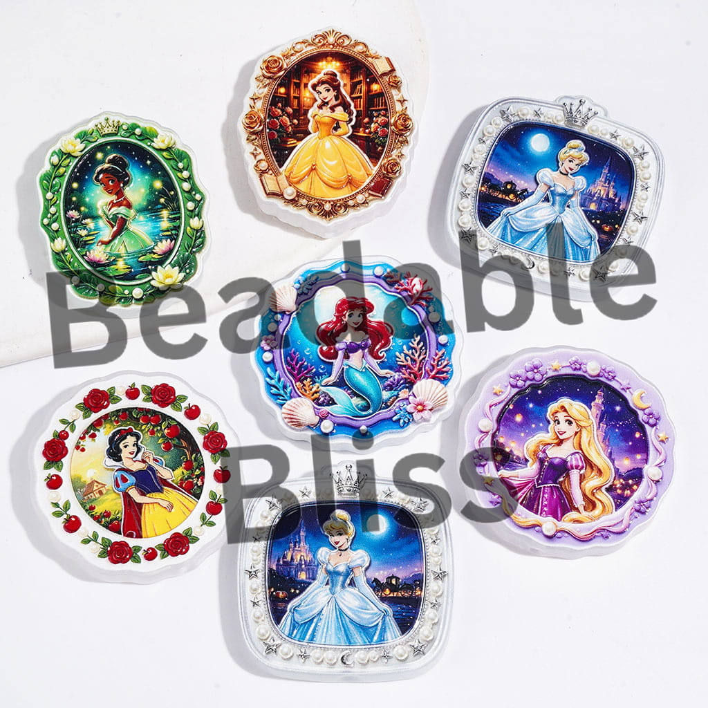 Classic Princess Characters with Wreath Seashell Pearl Frame Acrylic Beads, Random Mix