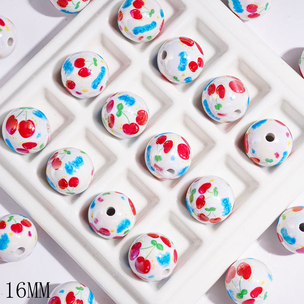 UV-Coated Acrylic Beads for Bracelets with Cherry and Yellow Red Pink Blue Spots, 16MM