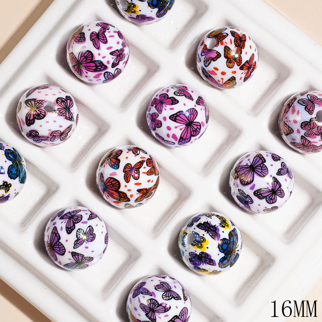 UV-Coated Acrylic Bead for Bracelets with Butterfly and Spots, 16MM Multi-Color Random Mix